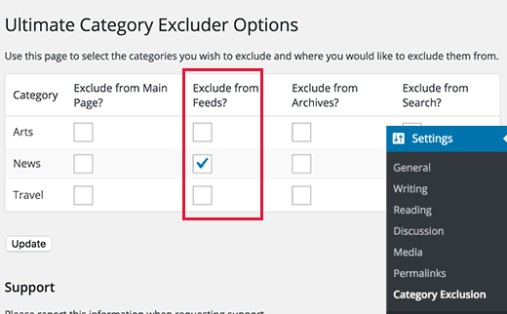 Exclude Specific Categories from wordpress rss