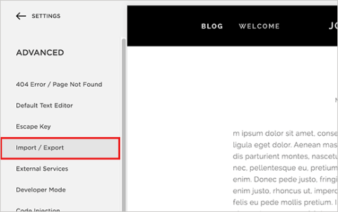 Import/Export menu in Squarespace