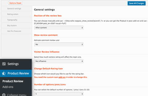 WP Product Review settings page