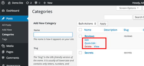 Edit categories in WordPress