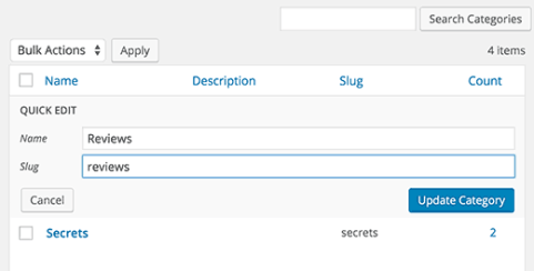 Changing category slug using quick edit