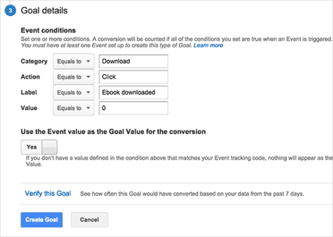 Entering event conditions for custom goal in Google Analytics