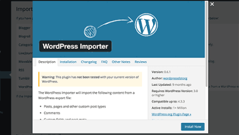 Installing WordPress importer