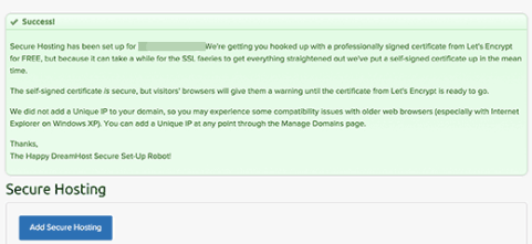 Success message after adding free SSL on DreamHost