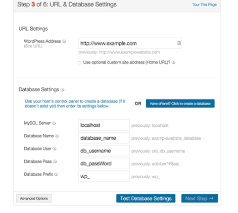 Database and URL settings section